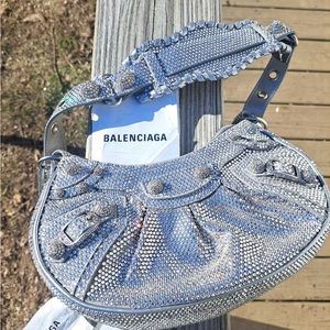 BALENCIAGA WOMEN'S LE CAGOLE XS SHOULDER BAG WITH RHINESTONES GREY/NO WALLET